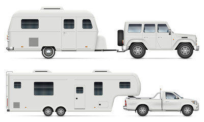 Car pulling RV camping trailer on white background. Side view of fifth wheel camper and truck. Isolated pickup with recreational vehicle vector illustration.