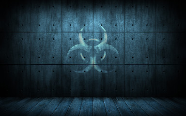 Grunge industrial background with biohazard symbol. Dark room with concrete slab walls with bio hazard sign. 3d illustration. Creative design backdrop