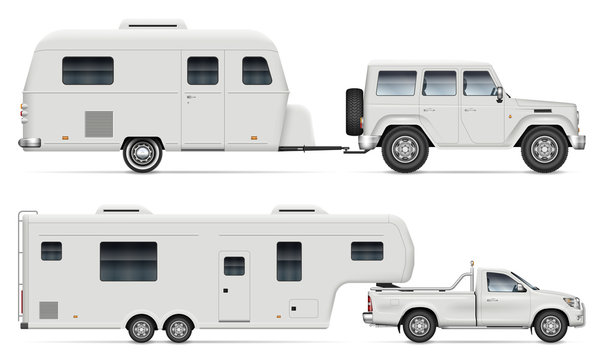 Car pulling RV camping trailer on white background. Side view of fifth wheel camper and truck. Isolated pickup with recreational vehicle vector illustration.