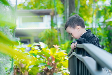 asian little boy Wearing yukata in graden