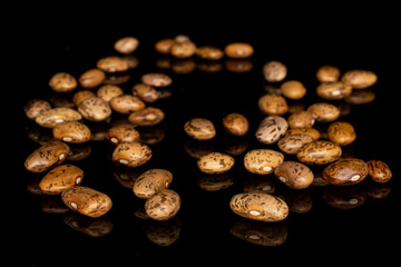Lot of whole disordered mottled brown bean pinto isolated on black glass