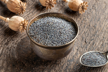 Poppy seeds in a bowl with poppy pods in the background