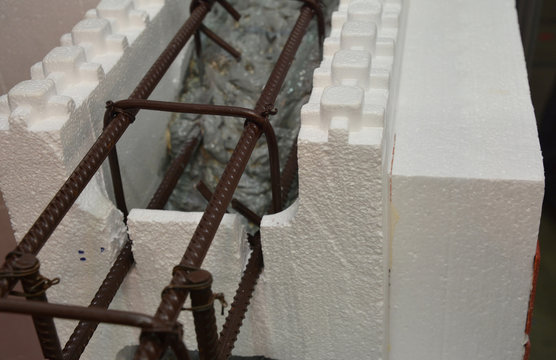 Close  up on insulating concrete forms ICF with metal reinforced concrete for house walls. Insulated Concrete Forms , ICF Wall Construction.