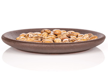 Lot of whole mottled brown bean pinto with brown ceramic coaster isolated on white background