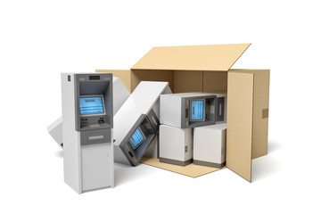 3d rendering of cardboard box lying sidelong with several ATMs inside and some outside.