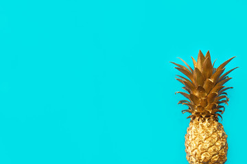 View from above. Golden, glamorous pineapple fruit on a pastel blue background. place for text or postcard. Copy space