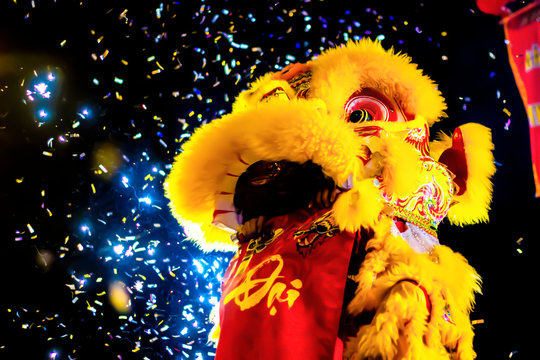 Asian New Year, traditional holiday. Street performances and dancing of a dragon and a lion. The head of a beautiful dragon at night against a background of black sky and fireworks.