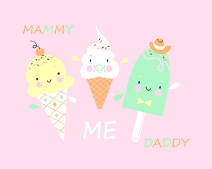 Funny smiling ice cream. Ice cream family. Mom, dad and baby. Vector illustration.