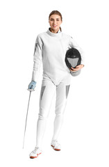 Young female fencer on white background