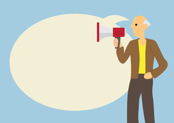 Old man with a megaphone and a giant speech bubble against a blue background. Concept of elderly voice.