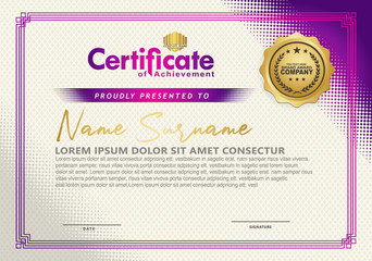 Modern certificate template with diagonal halftone ornament on background. vector illustration