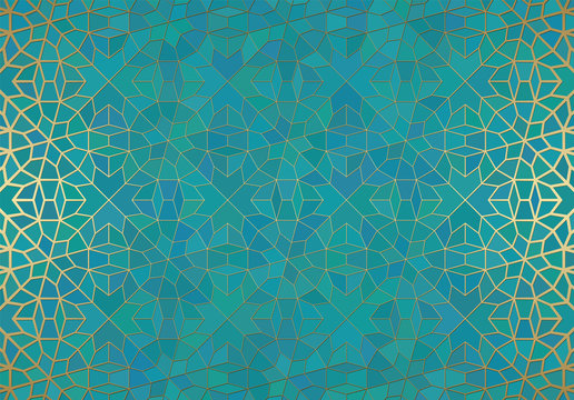 Abstract background with islamic ornament, arabic geometric texture. Golden lined tiled motif.