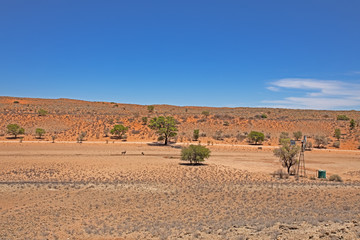 Valley with windmill and kudu in Kalahari desert