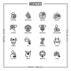 Abscess thin line icons set. Joint, abdominal, brain, intestine, lung, liver, superficial abscess, x-ray research method, intoxication, fever, general malaise, empyema. Vector illustration.