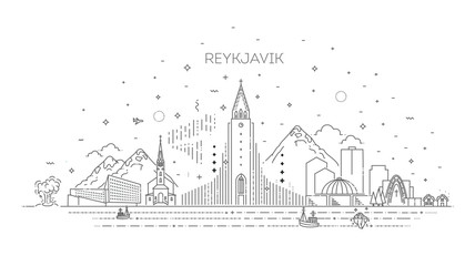 Reykjavik Iceland line skyline with panorama in white - obrazy, fototapety, plakaty