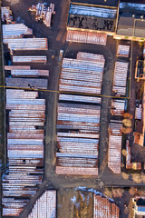 Brickyard aerial. Brick factory with piles of stacked bricks