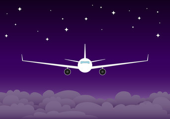 The plane flies in the night sky. The plane flies against the background of night clouds and stars. Vector, cartoon illustration of a flying airplane.
