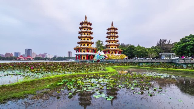 4k Time lapse of Tourists visiting Dragon and Tiger Pagodas in Kaohsiung City,Taiwan