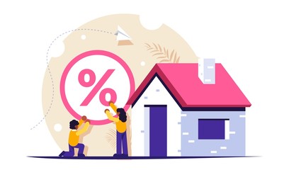 Obraz na płótnie Canvas Mortgage problem concept. Large percentage creates difficulties. Recovery of banking for posts. Risk of being left without a house or apartment. Vector isolated illustration