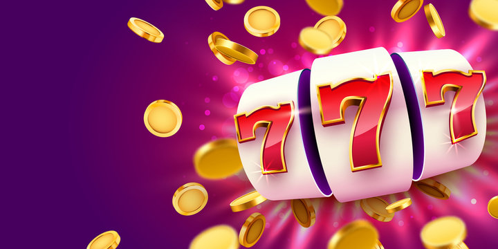 Golden slot machine with flying golden coins wins the jackpot. Big win concept.