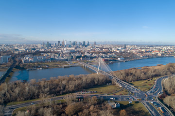 WARSAW. POLAND. Bridge and panorama of beautiful Warsaw city in the morning sun. Vistula River. 