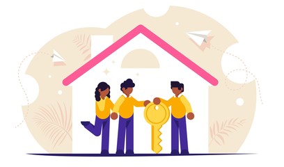 Process of buying a new house or apartment. Realtor transfers the keys to the property to new owners. Young family inside a new home. Vector isolated illustration.