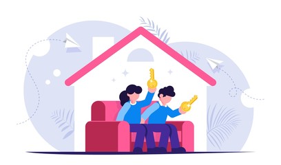 Buying a home concept. Young family sits on the couch in a new house with keys in their hands. Buying a new apartment with the help of a bank. Isolated vector illustration