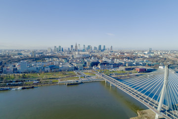 WARSAW. POLAND. Bridge and panorama of beautiful Warsaw city in the morning sun. Vistula River. 