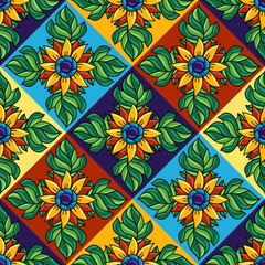 Fototapeta na wymiar Mexican talavera ceramic tile seamless pattern. Decoration with ornamental flowers.