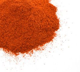 Powdered red pepper pile from top on white background