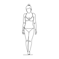 Continuous line drawing of beautiful woman walk on beach wearing bikini. Vector illustration.