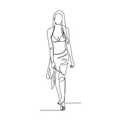 Continuous line drawing of beautiful woman walk on beach wearing bikini. Vector illustration.