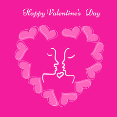 Vector illustration.Abstract one line lovers, man and woman stylized portrait in minimalistic simple graphic style.A pair of lovers inside the frame of hearts.Elegant trendy design for Valentine s Day