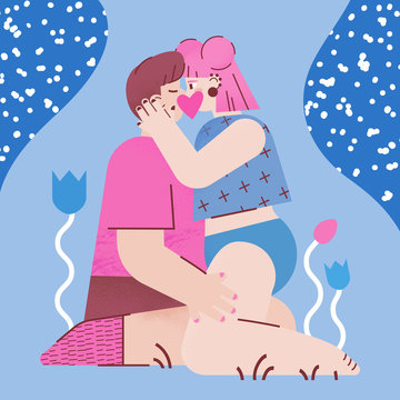 Passionate lovers kiss under night sky. Young girl in underpants sits on boyfriend lap outdoor and has foreplay. Concept of sex education, safe sex, human sexual behavior. Modern abstract flat style
