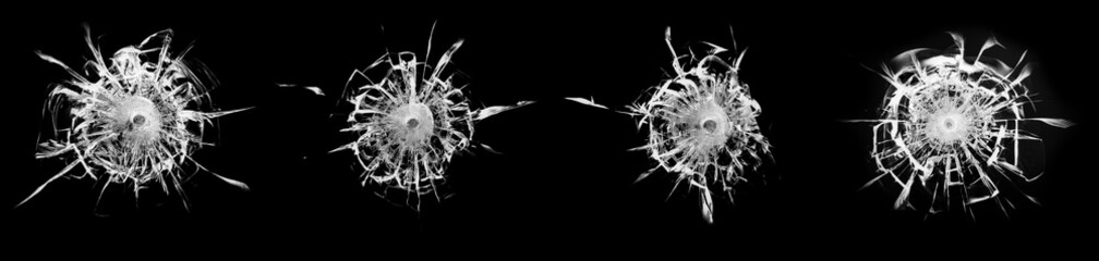 Set of cracked and chipped broken glass on black background. Abstract collage with cracked window texture.