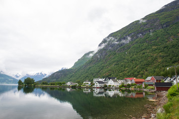 Fototapeta na wymiar View of the lake that bathes Stryn Norway-