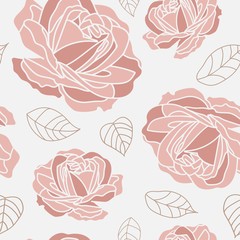 eamless pattern with pink roses and golden frame leaf in light gray background. Romantic and vintage style for valentines product, home decor, background, package, gift, wall paper, graphic design.