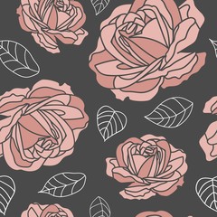 seamless pattern with pink roses and white-frame leaves in dark blue background. Romantic and retro style for valentines product, home decor, background, package, gift, wall paper, graphic design.