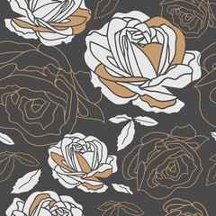 seamless pattern with white,golden roses and leaves in dark blue background. Romantic and vintage style for valentines product, home decor, background, package, gift, wall paper, graphic design.