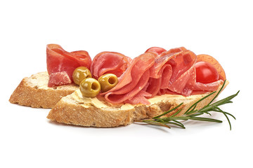 Italian prosciutto crudo sandwich, isolated on white background
