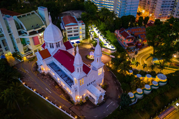 Singapore 2019 Church of St Teresa light up in blue hour from above