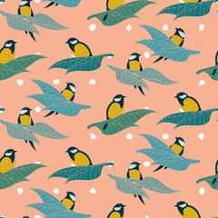 Great tit birds sitting on a branches seamless vector pattern on a pink background. Nature themed surface print design.
