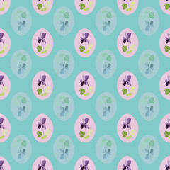 Vector nature botany easter repeat border with violet on pastel easter egg. Beautiful colorful design for your family event. Nature background. Print, fabric, stationary.