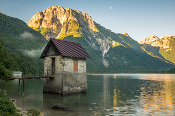 Fototapeta na wymiar Lago del Predil mountain lake near Cave del Predil, Italy