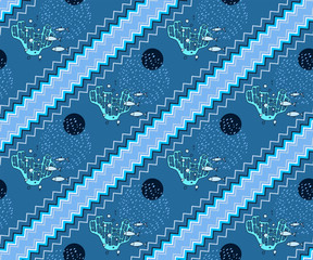 Hand drawn underwater natural ocean elements. Seamless pattern with reef corals. Vector sketch. Abstract seamless pattern. Creative background with geometric figures.