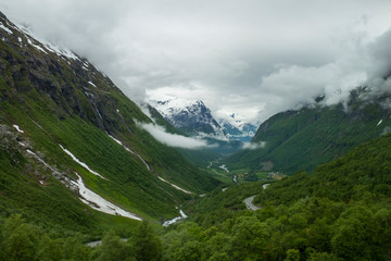 Fototapeta na wymiar Hellesylt valley in Norway, panoramic view