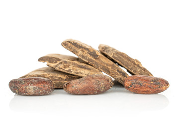 Group of three whole fresh brown cocoa bean with cocoa butter isolated on white background