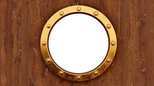 Boat porthole with woody background isolated 3D rendering