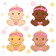 Icons set of girls children of different colors and nationality and ethnic group for children and design. A child with black skin, yellow and narrow eyes, white and bronze.