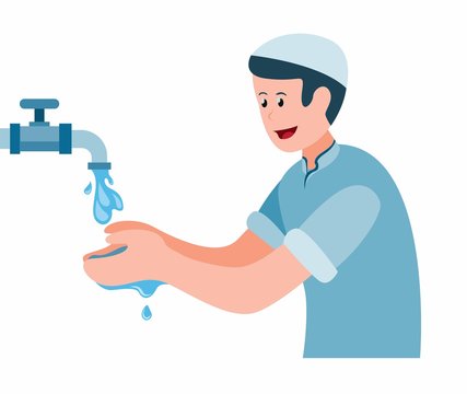 muslim man doing ablution, boy take water to washing hand. cartoon flat illustration vector isolated in white background